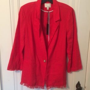 Red Linen Blazer with Raw Hem